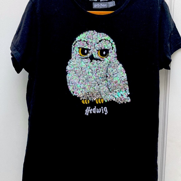 Harry Potter Hedwig Black Seqins T-Shirt NWOT Age 14-15 - Picture 1 of 3